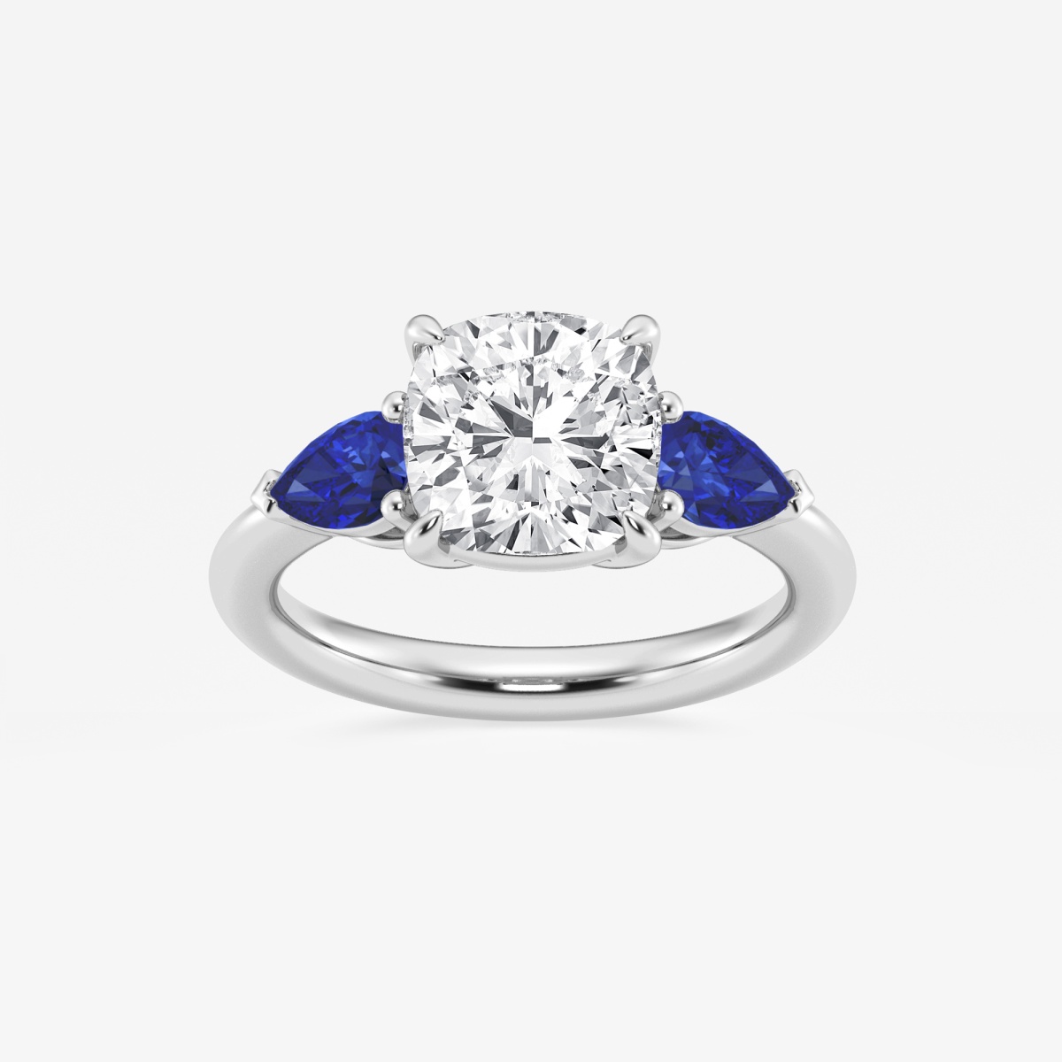 3 ctw Cushion Lab Grown Diamond and 6.0x3.8 mm Pear Shape Created Sapphire Side Stone Engagement Ring