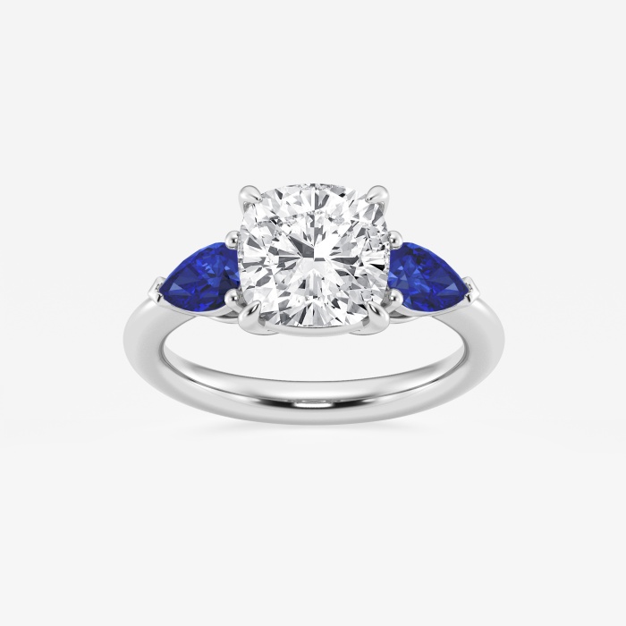 3 ctw Cushion Lab Grown Diamond and 6.0x3.8 mm Pear Shape Created Sapphire Side Stone Engagement Ring
