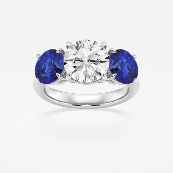 3 ctw Round Lab Grown Diamond and 7.2 mm Round Shape Created Sapphire Three-Stone Engagement Ring