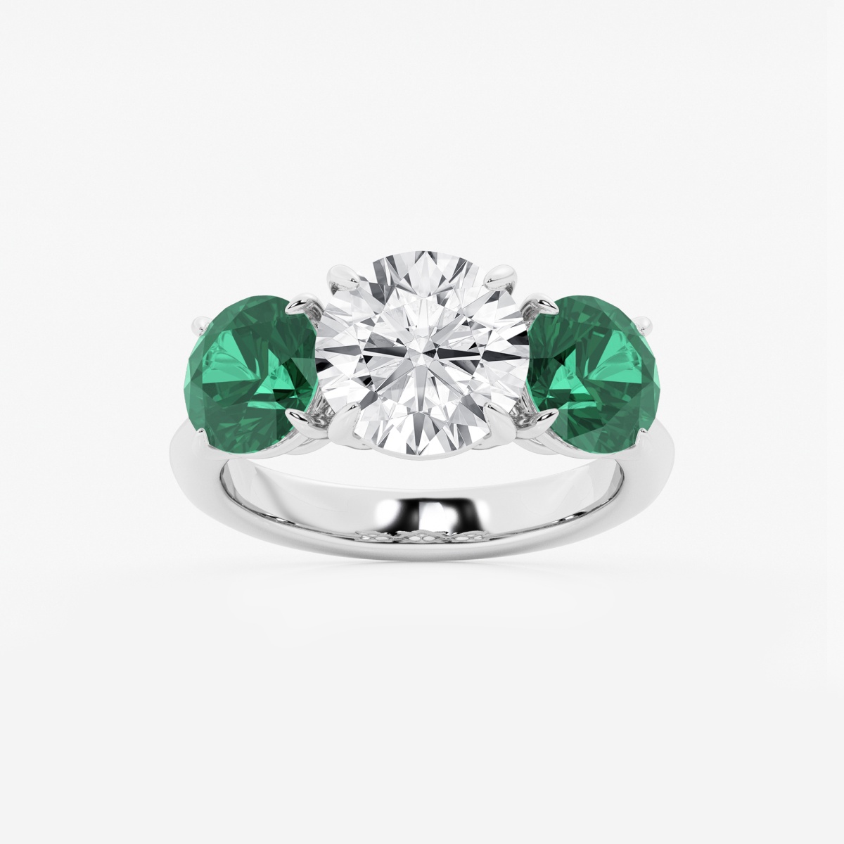 3 ctw Round Lab Grown Diamond and 7.2 mm Round Shape Created Emerald Three-Stone Engagement Ring