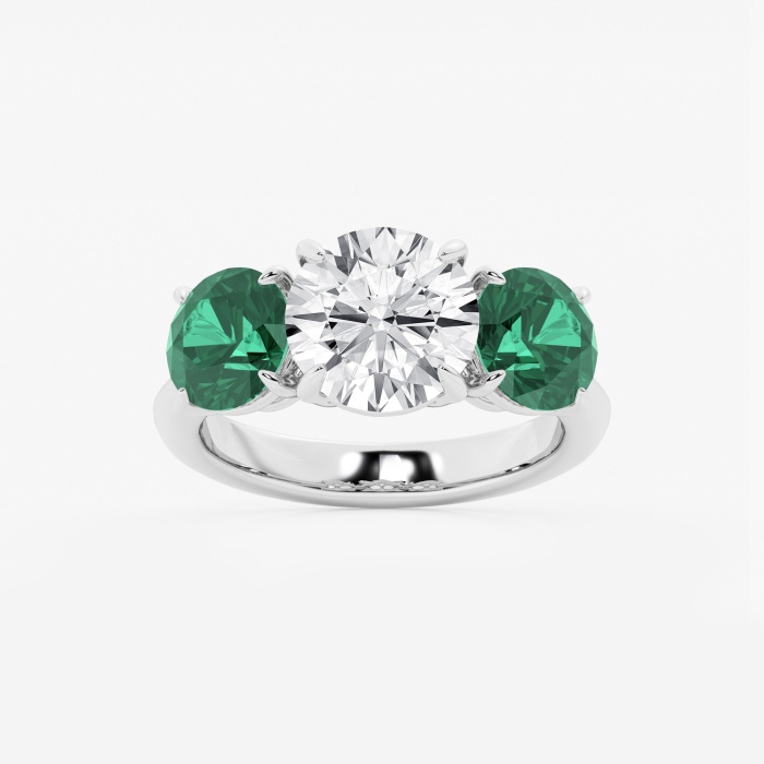 3 ctw Round Lab Grown Diamond and 7.2 mm Round Shape Created Emerald Three-Stone Engagement Ring