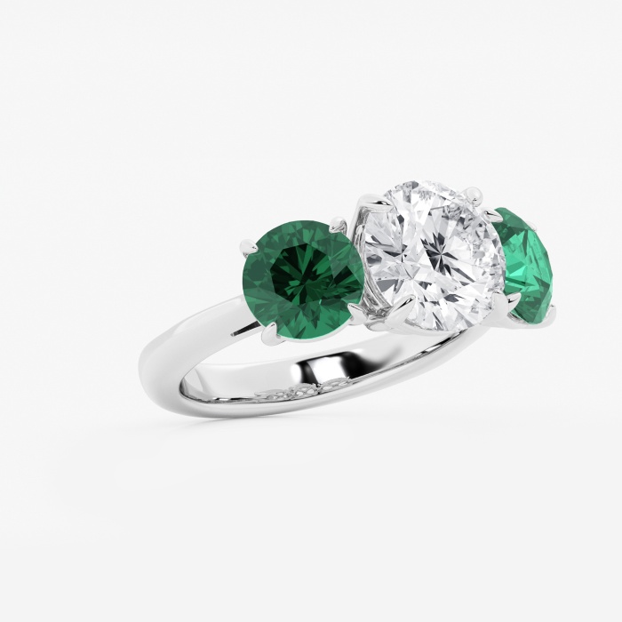 3 ctw Round Lab Grown Diamond and 7.2 mm Round Shape Created Emerald Three-Stone Engagement Ring