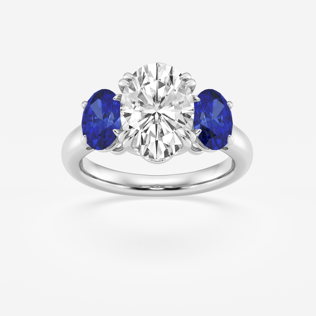 3 ctw Oval Lab Grown Diamond and 7x5 mm Oval Created Sapphire Three-Stone Hidden Halo Engagement Ring