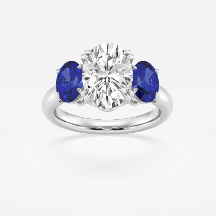 3 ctw Oval Lab Grown Diamond and 7x5 mm Oval Created Sapphire Three-Stone Hidden Halo Engagement Ring