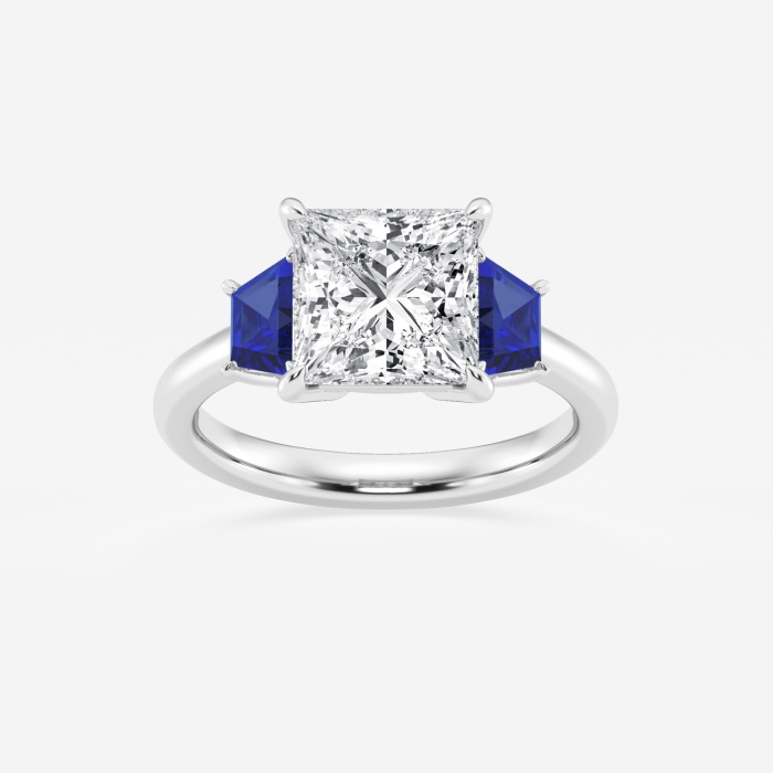 3 ctw Princess Lab Grown Diamond and 5.5x3.3 mm Trapezoid Created Sapphire Three-Stone Ring