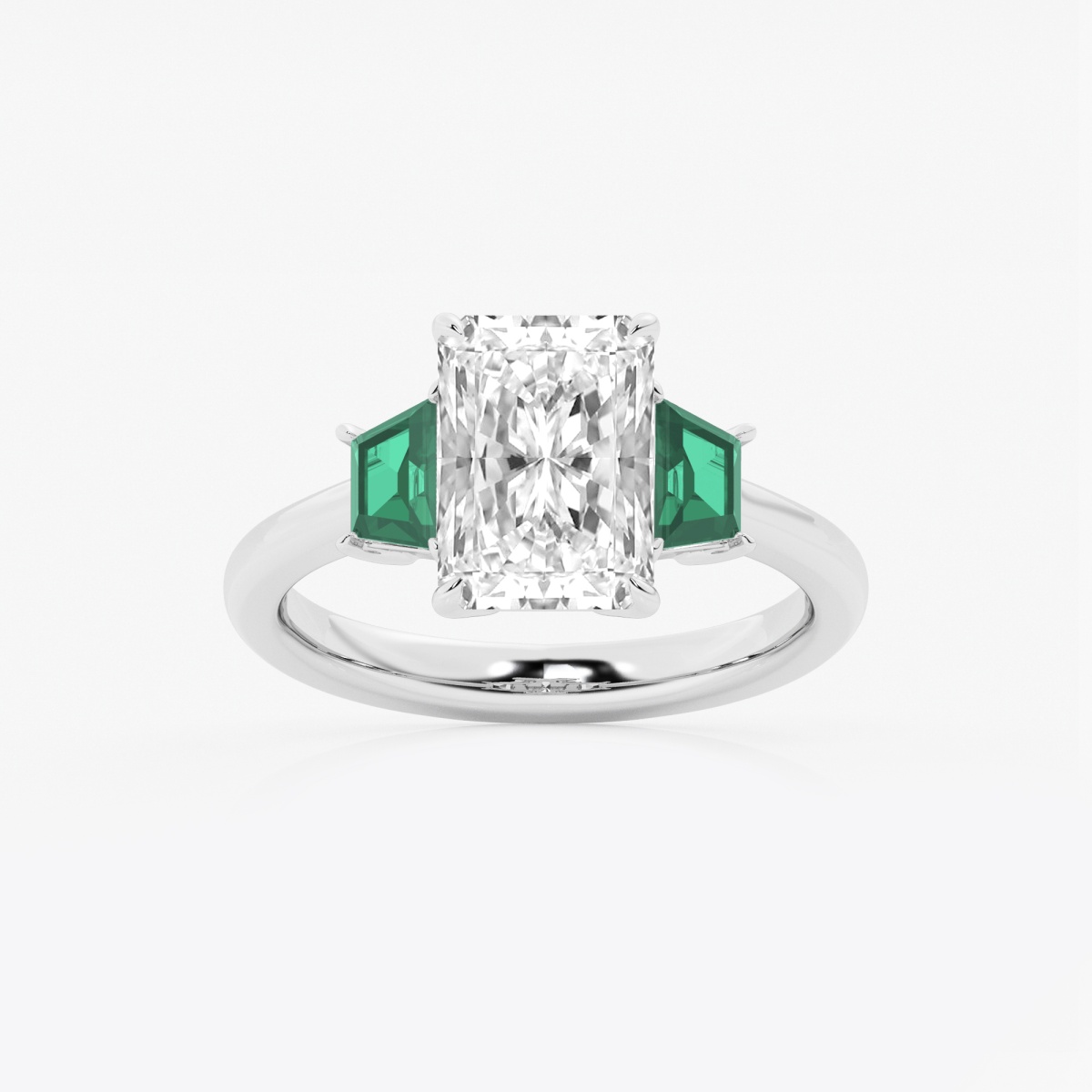 3 ctw Radiant Lab Grown Diamond and 5.5x3.3 mm Trapezoid Created Emerald Three-Stone Ring