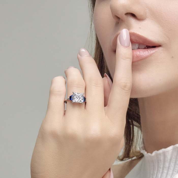 3 ctw Princess Lab Grown Diamond and 5.5x3.3 mm Trapezoid Created Sapphire Three-Stone Ring