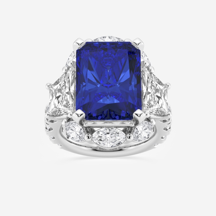 20 ctw Radiant Cut Sapphire and Trapezoid Lab Grown Diamond Engagement Ring with Side Accents
