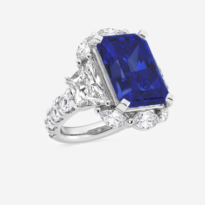 20 ctw Radiant Cut Sapphire and Trapezoid Lab Grown Diamond Engagement Ring with Side Accents