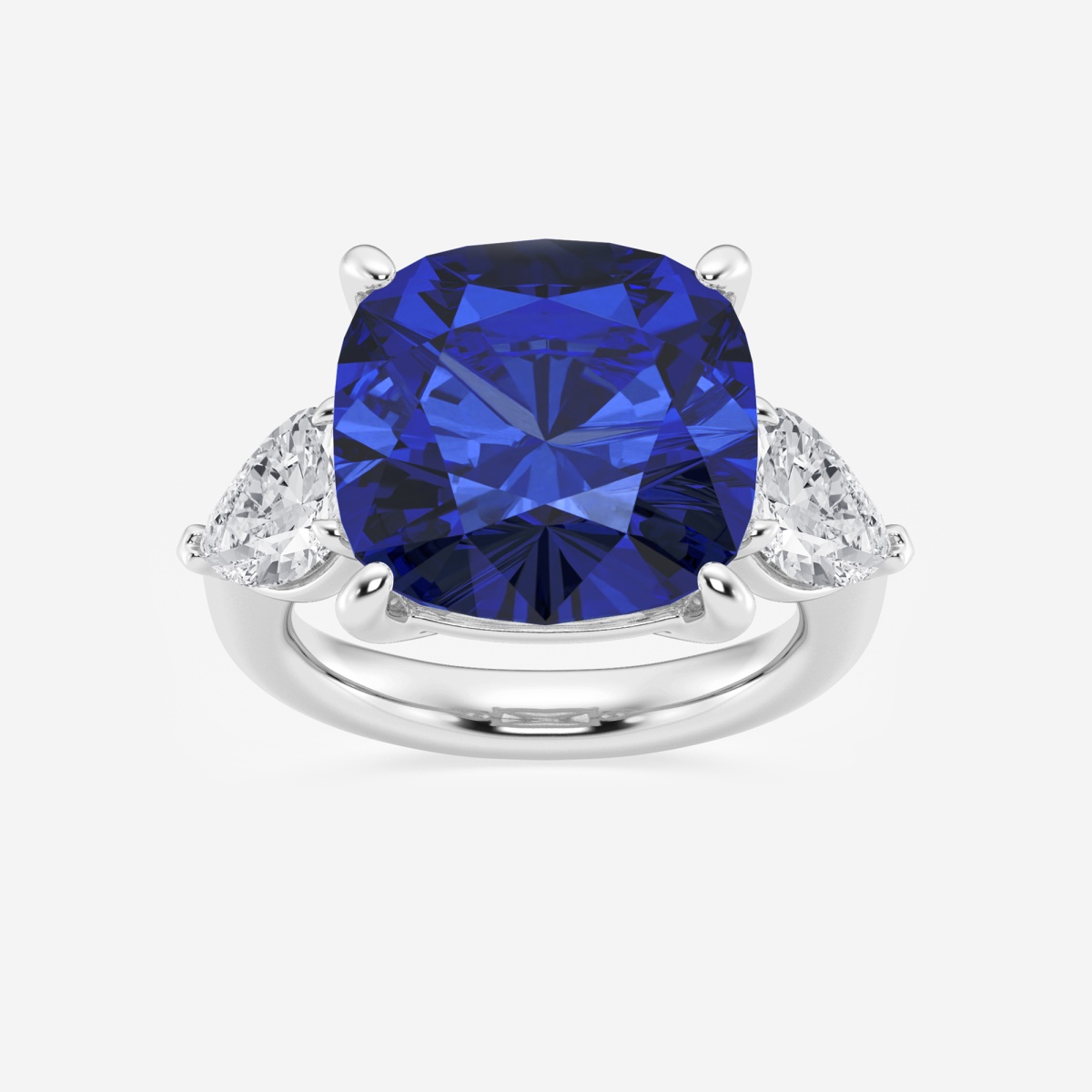 14 1/2 ctw Cushion Cut Sapphire and Pear Lab Grown Diamond Three Stone Engagement Ring