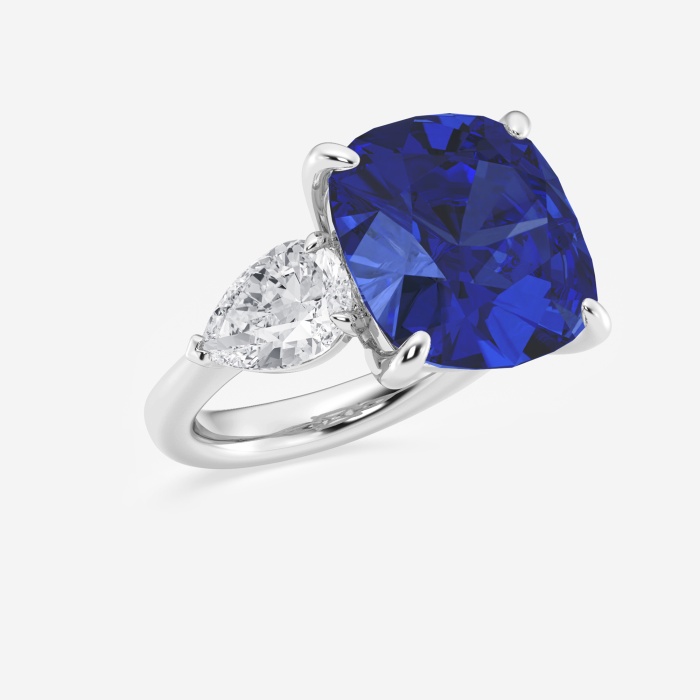 14 1/2 ctw Cushion Cut Sapphire and Pear Lab Grown Diamond Three Stone Engagement Ring