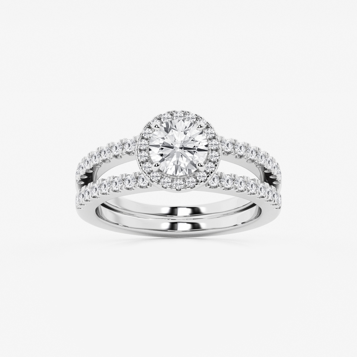 1 1/2 ctw Round Lab Grown Diamond Double Shank Halo Engagement Ring